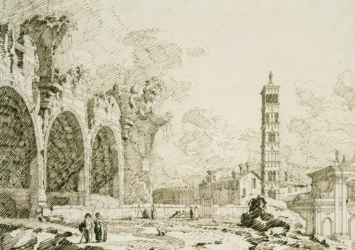 Canaletto,Forum avec basilique de Constantin et Santa Francesca Romana ( ?, avant 1768, date indéterminée)